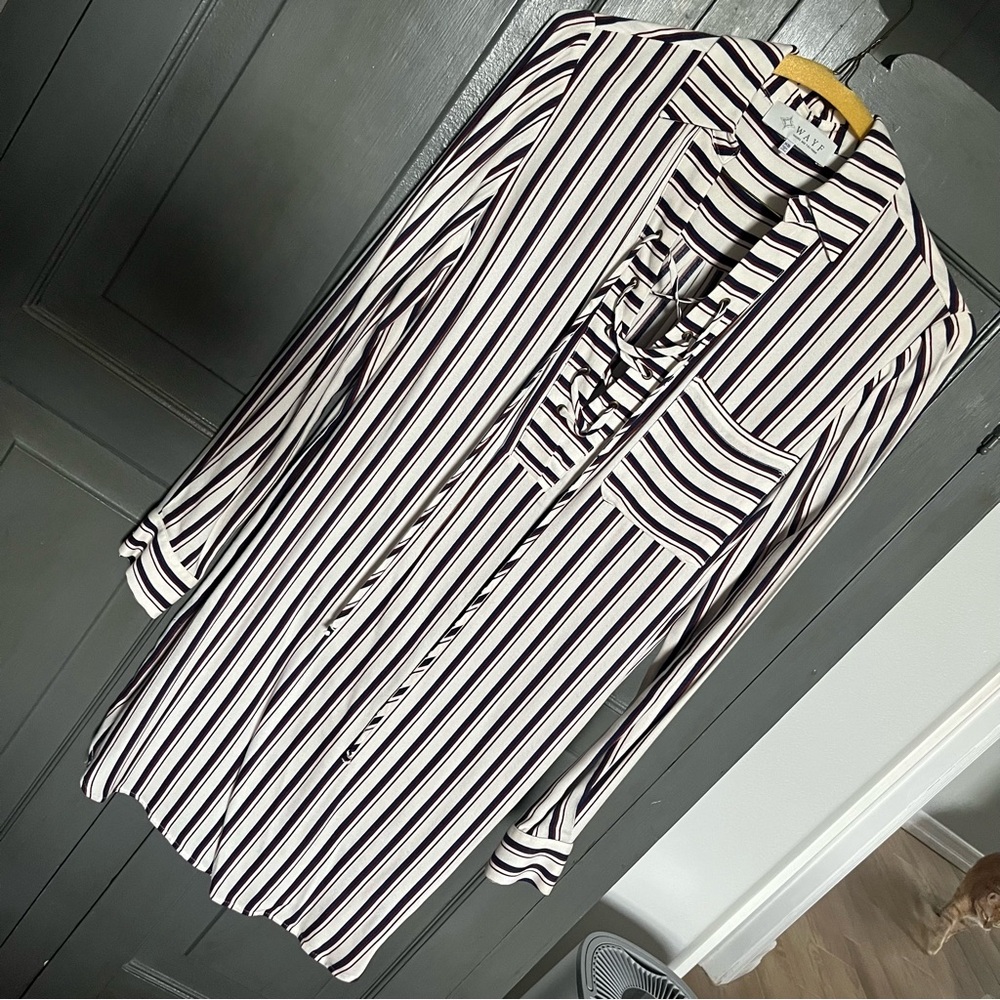 Wayf Burgundy and Navy Striped Shirt Dress